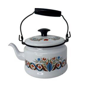 Vintage 1960s Georges Briard Dutch Floral Enamelware Teapot Tea Kettle‎ MCM